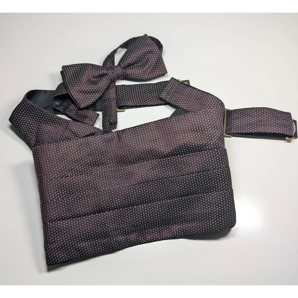 Calvin Klein Mens 100% Silk Cummerbund and Bow Tie Set Plum Micro Dot‎ Made USA